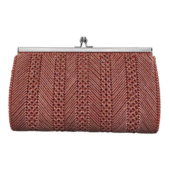 Pink Salmon shade sparkly crochet Metallic Clutch handheld clasp Purse - Picture 13 of 13